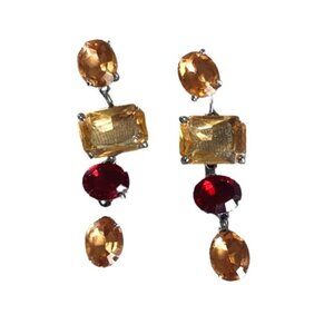 Dangle Post Pierced Fashion Earrings Ruby Topaz Colored Crystals Silvertone